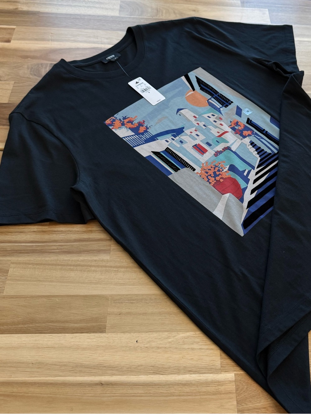 NWT Express Black Graphic Tee with Blue Orange Scenic Print - Men’s Medium